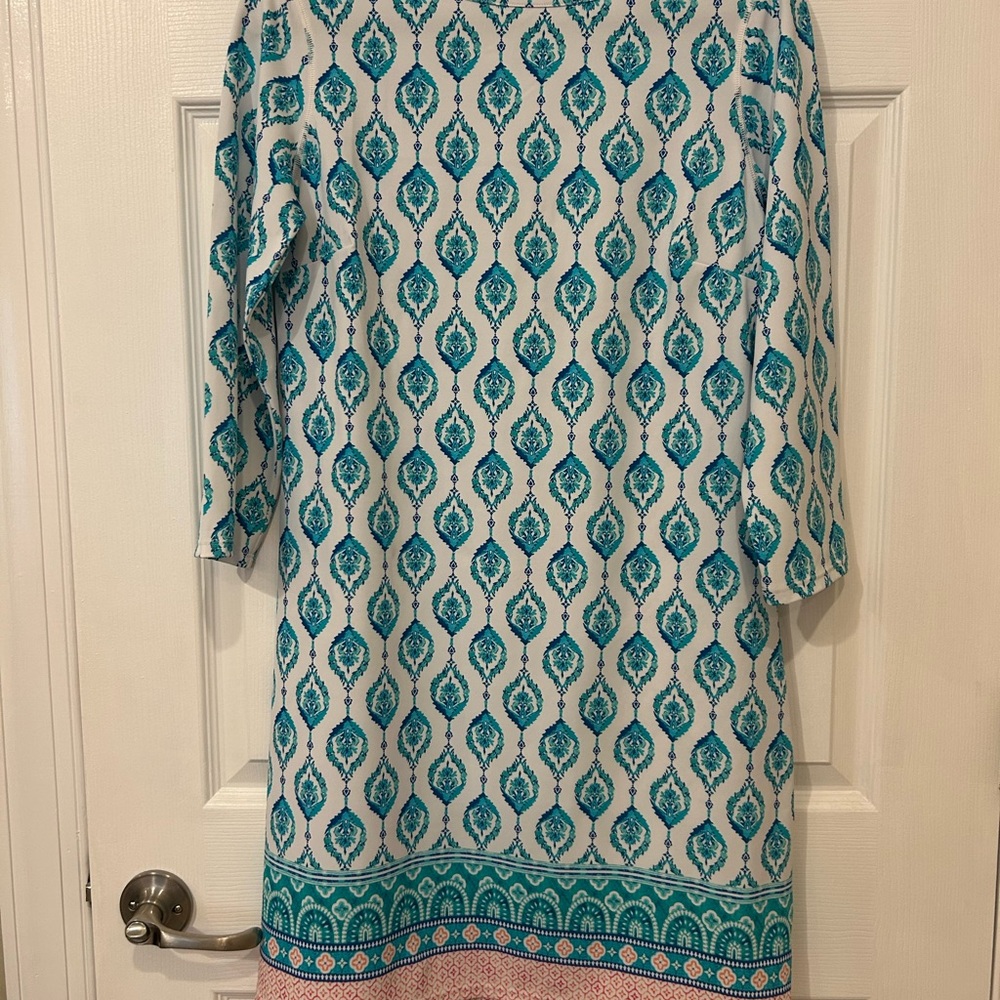 Cabana Life Blue and White Sheath Dress with 3/4 Sleeves and Crew Neck